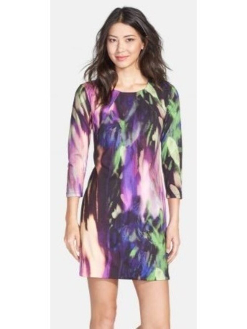 Trina Turk Women's 2 Watercolor Shift Dress Abstract Multicolor 3/4 Sleeve